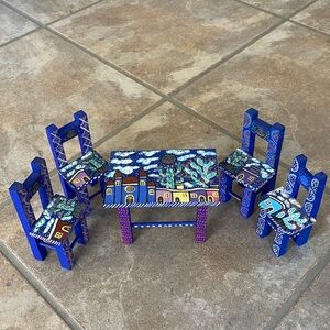 Folk Art Oaxaca handmade Wooden Miniature table with Chairs.